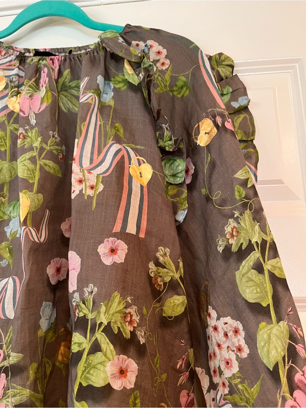 NWOT Cynthia Rowley Designer Dawn Blouse Large Floral Ruffle Gold Foil ~$345 - Picture 7 of 15